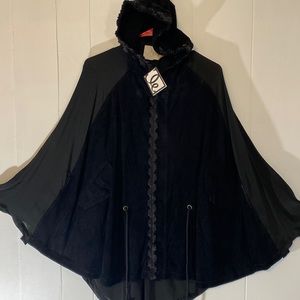 MY PET SQUARE (8) Black Suede and Silk Cape Drawstring Pocket Jacket Coat Poncho